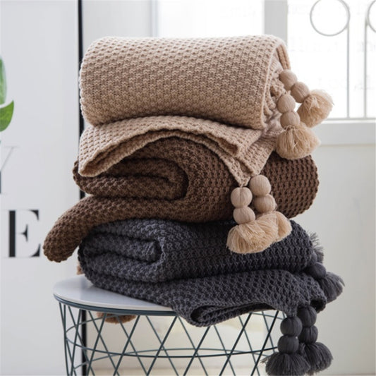 Nordic Style Fringed Knit Wool Ball Blanket - Home Bliss Treasures 