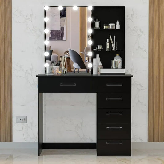 Black Dressing Table with Mirror and Lamp