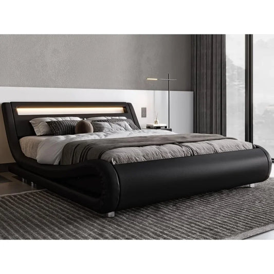 LED Platform Bed Frame in Black Faux Leather