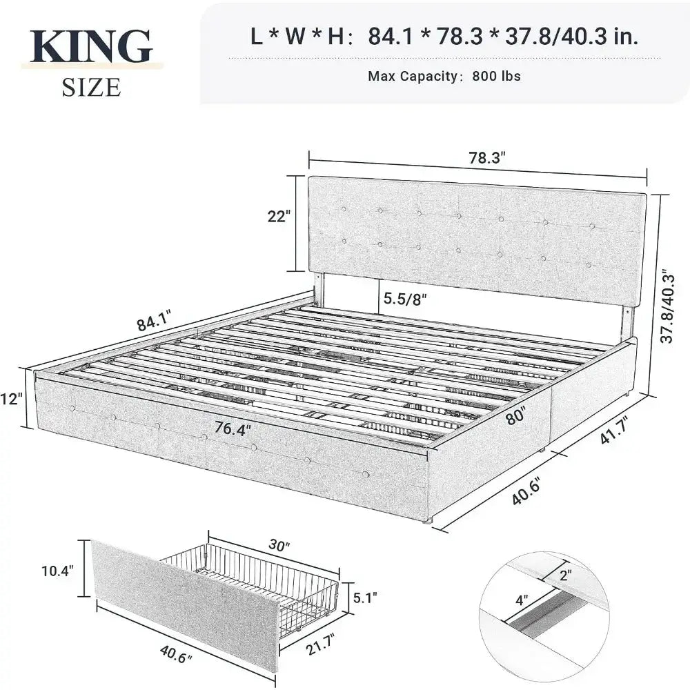 Upholstered Platform Bed Frame with 4 Storage Drawers and Button Tufted Headboard